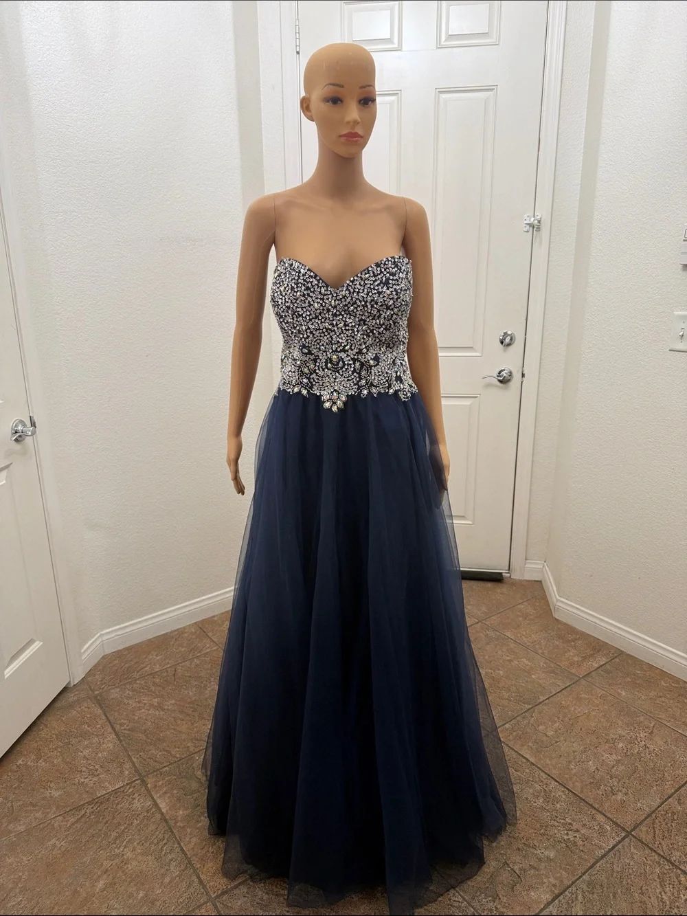 Cecily Brown 1X Strapless Navy Evening Gown Rhinestone Sequin Sweetheart Bodice